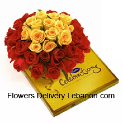 حزمة من 24 وردة حمراء و 12 وردة صفراء مع حشوات موسمية بالإضافة إلى صندوق جميل من شوكولاتة كادبوري