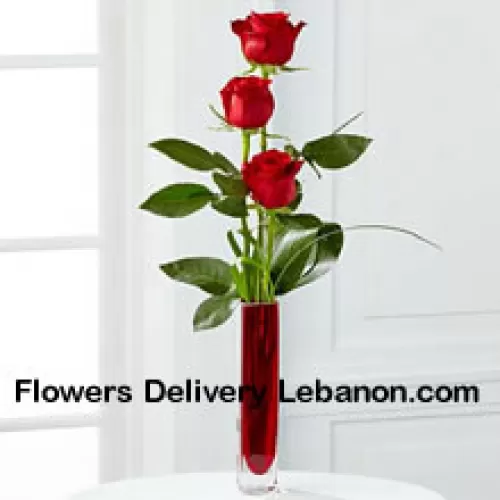 Tre Rose Rosse in un Vasetto di Prova Rosso (Ci Riserviamo il Diritto di Sostituire il Vaso in Caso di Non Disponibilità. Scorte Limitate)