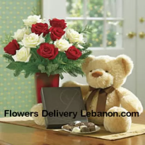 6 Red And 6 White Roses With Some Ferns In A Vase, A Cute Light Brown 10 Inches Teddy Bear And A Box Of Chocolates