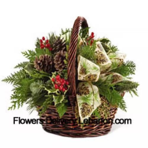 This Bouquet?is an expression of holiday homecoming and heartfelt cheer. Assorted holiday greens, variegated holly, natural pinecones, red berry pics and cinnnamon sticks are lovingly arranged in a dark brown bamboo basket accented with an ivory holiday ribbon creating a seasonal sentiment of peace and goodwill. (Please Note That We Reserve The Right To Substitute Any Product With A Suitable Product Of Equal Value In Case Of Non-Availability Of A Certain Product)